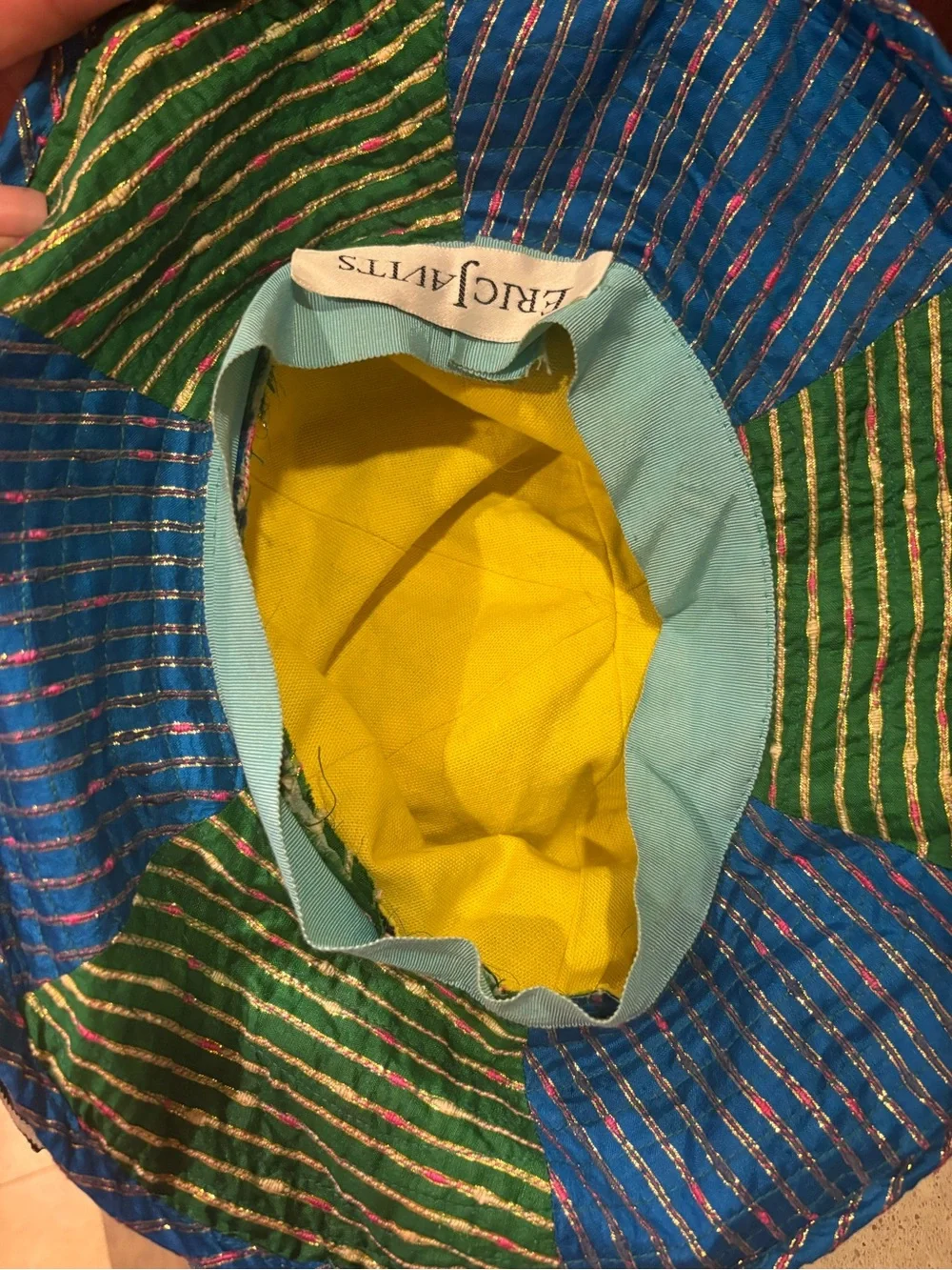 RARE ERIC JAVITS  Sun Hat Blue Green Gold Pink Wired Brim 14”/8” Head di VINTAGE - Picture 4 of 7